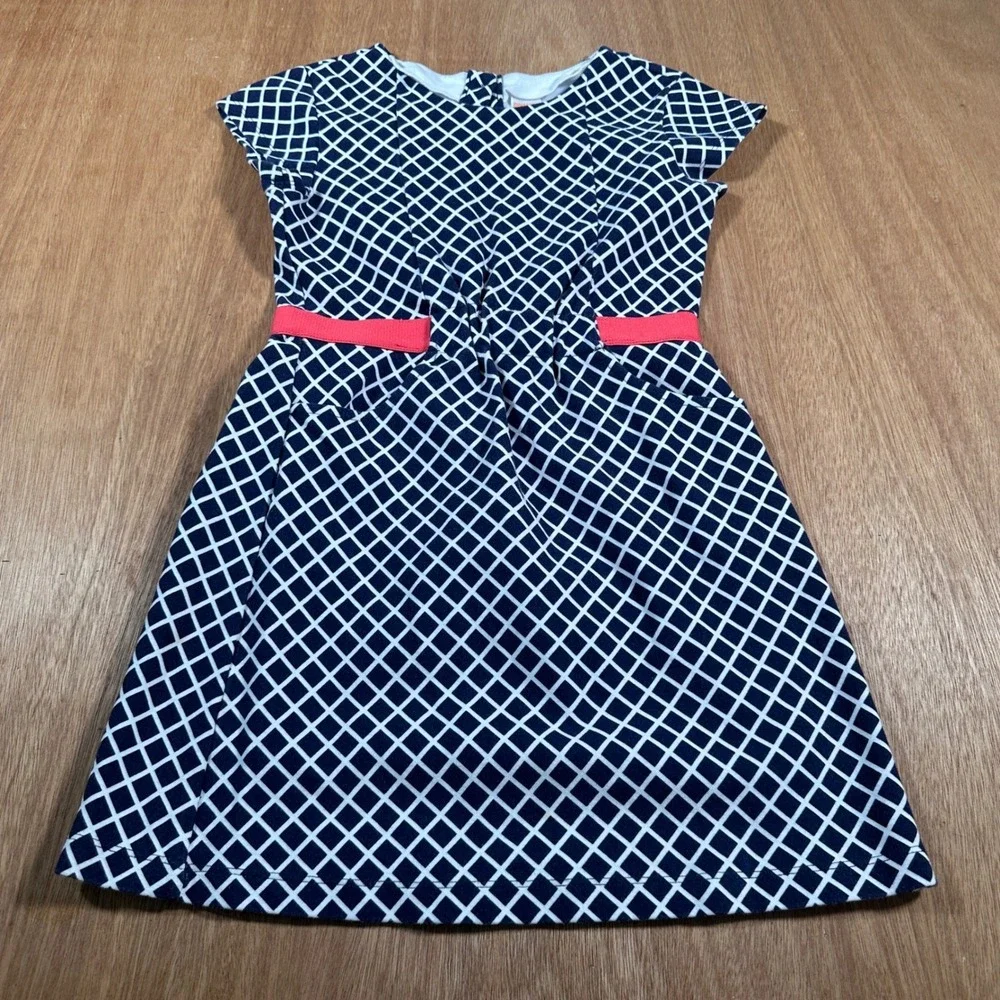 Gymboree Short Sleeve Dress Girls Size 8 Navy Blue Grid Pattern Pink/Red Accents